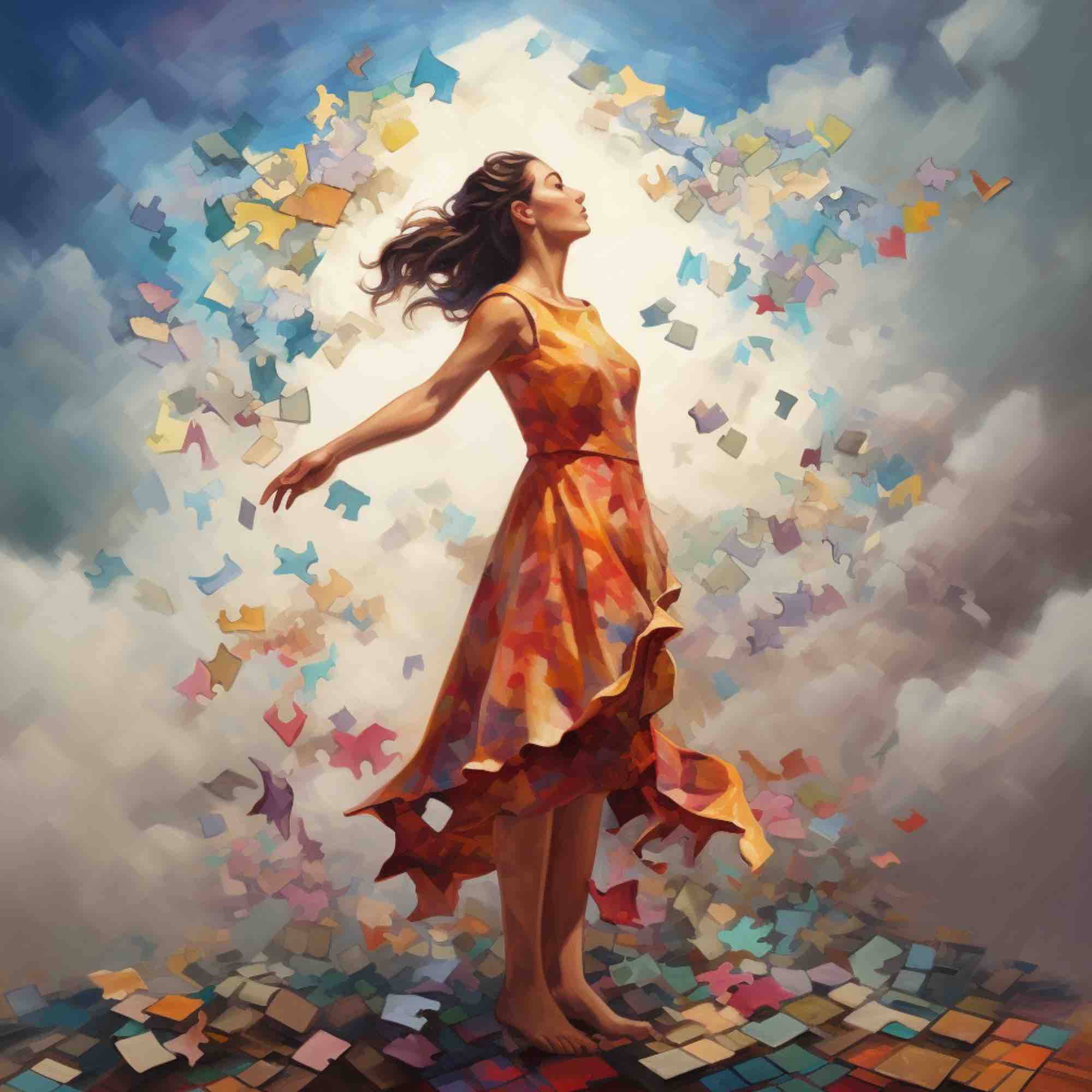 Woman with puzzle pieces swirling around her