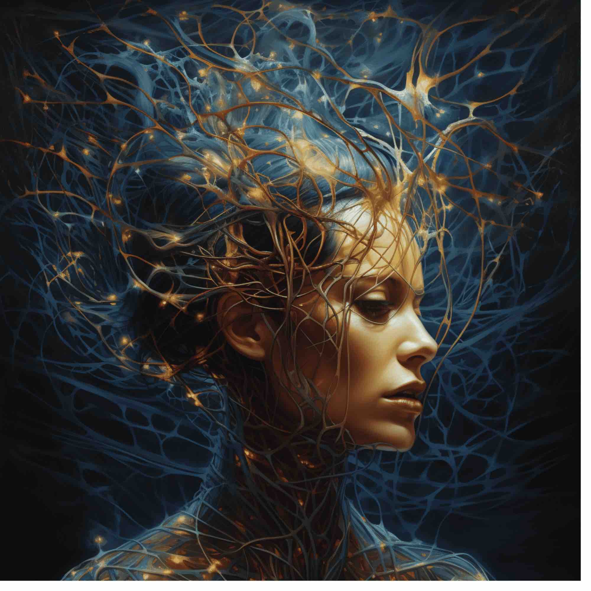 Woman looking sideways with neural pathways around her head