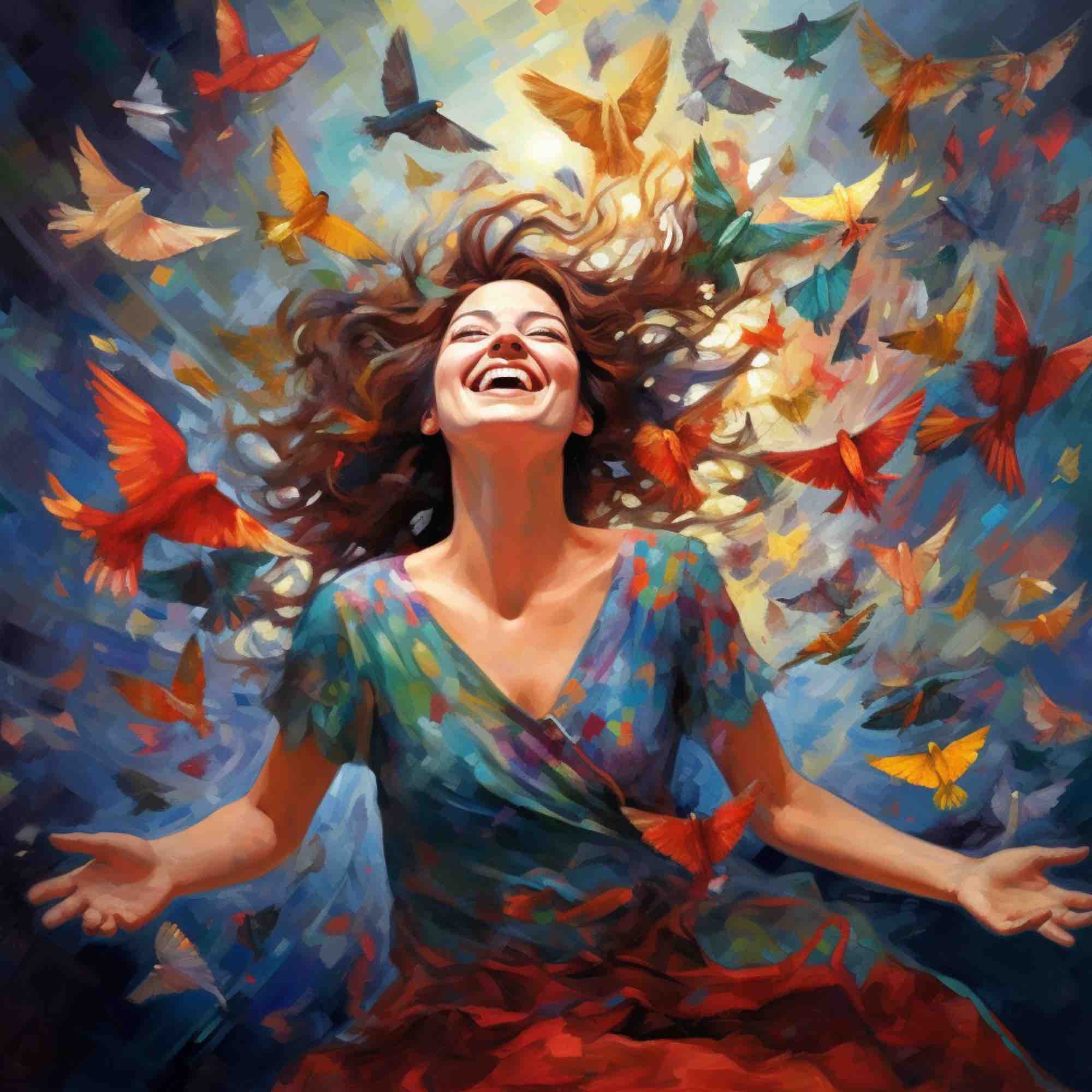 Woman, joyous, surrounded by multi-coloured doves